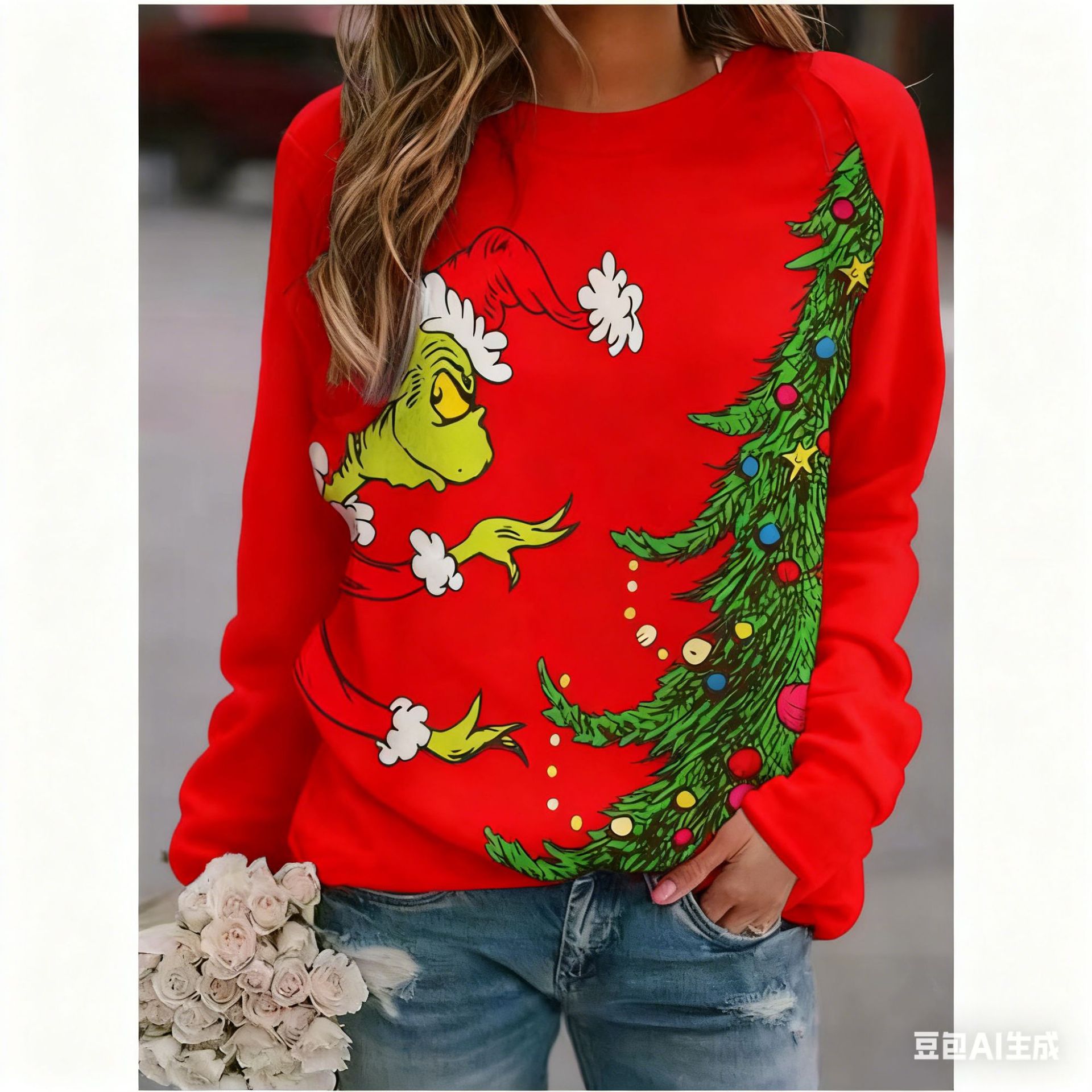 Women's Christmas Tree Grinch Reindeer Print Crewneck Sweatshirt