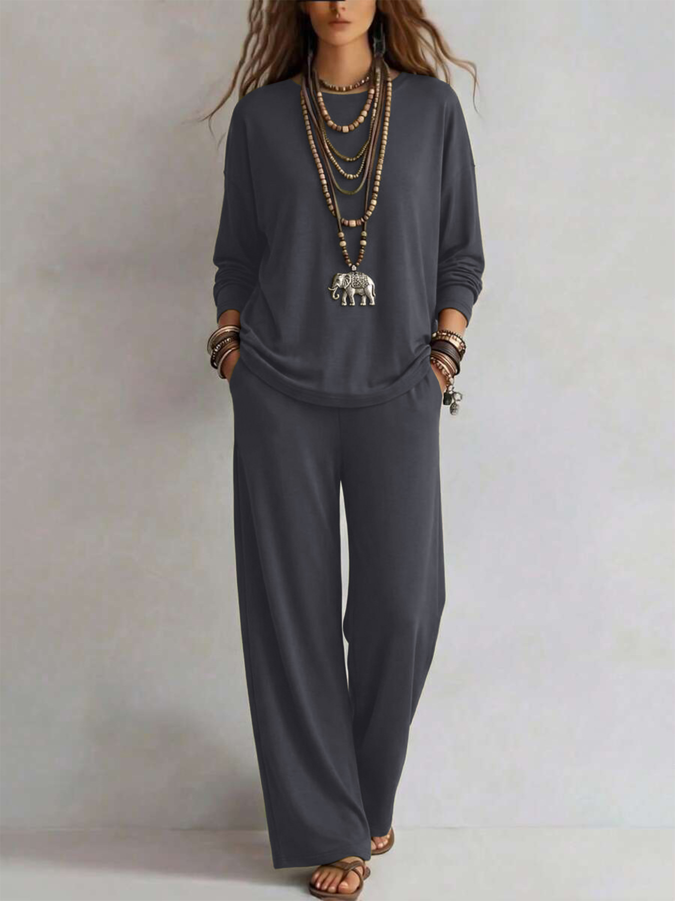 Women's Solid Color Two-Piece Set Long Sleeve Top & Wide-Leg Pants
