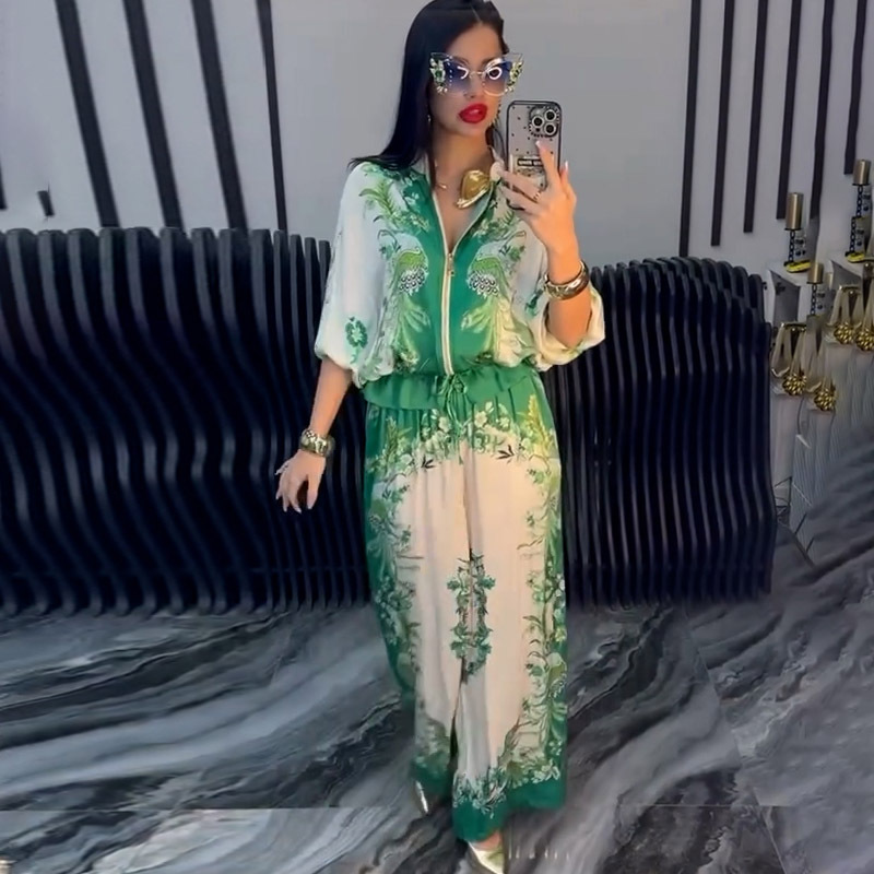 3D Floral Print Baseball Jacket & Drawstring Pants Two-Piece Set