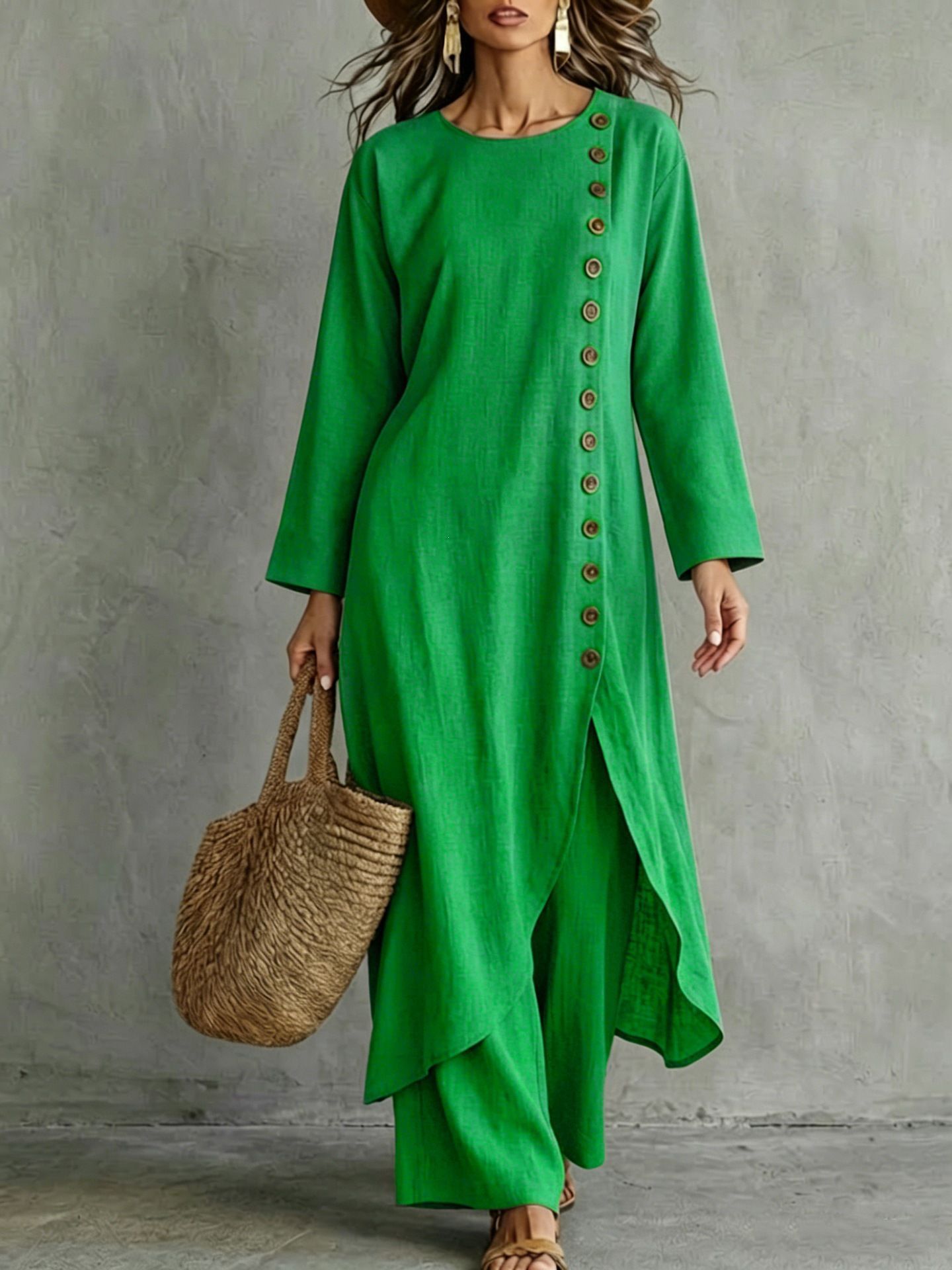 Solid Color Loose Button Round Neck Long Sleeve Dress