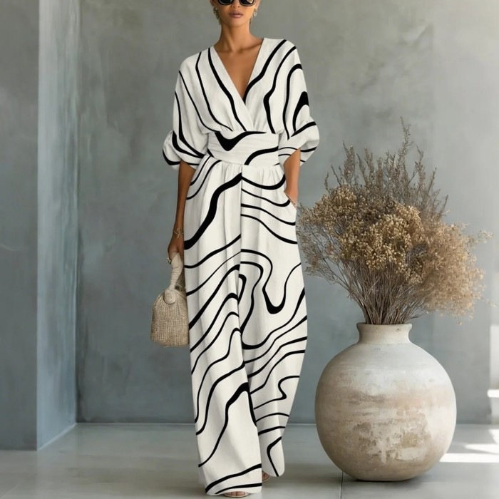 Elegant V-Neck Printed Jumpsuit with Cinched Waist