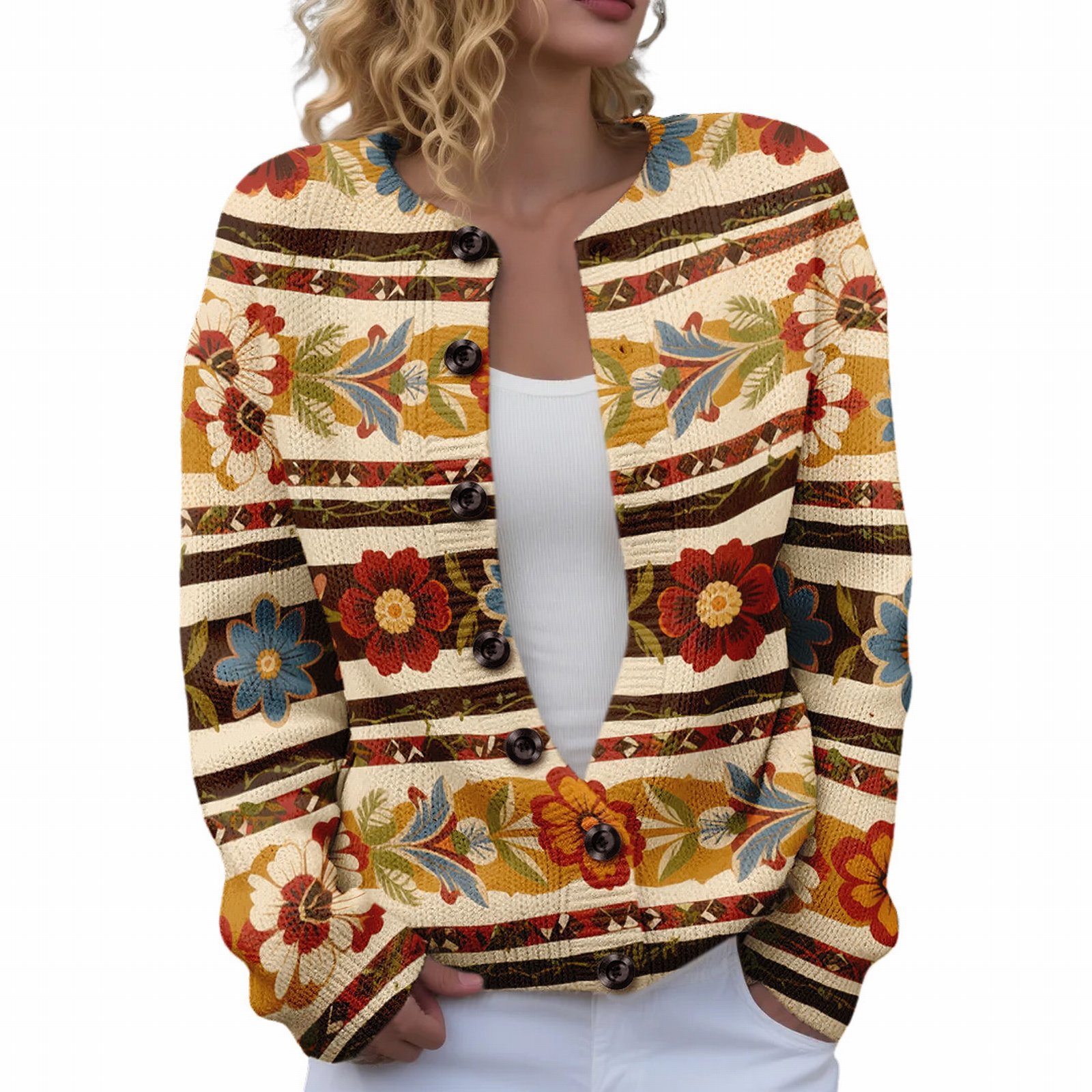 Women's Floral Maple Leaf Print Button Cardigan