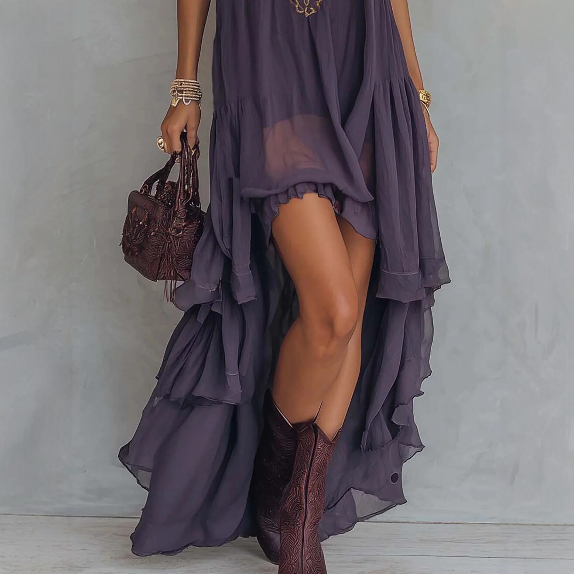 Purple Embroidered High-Neck Sleeveless Ruffle Maxi Dress