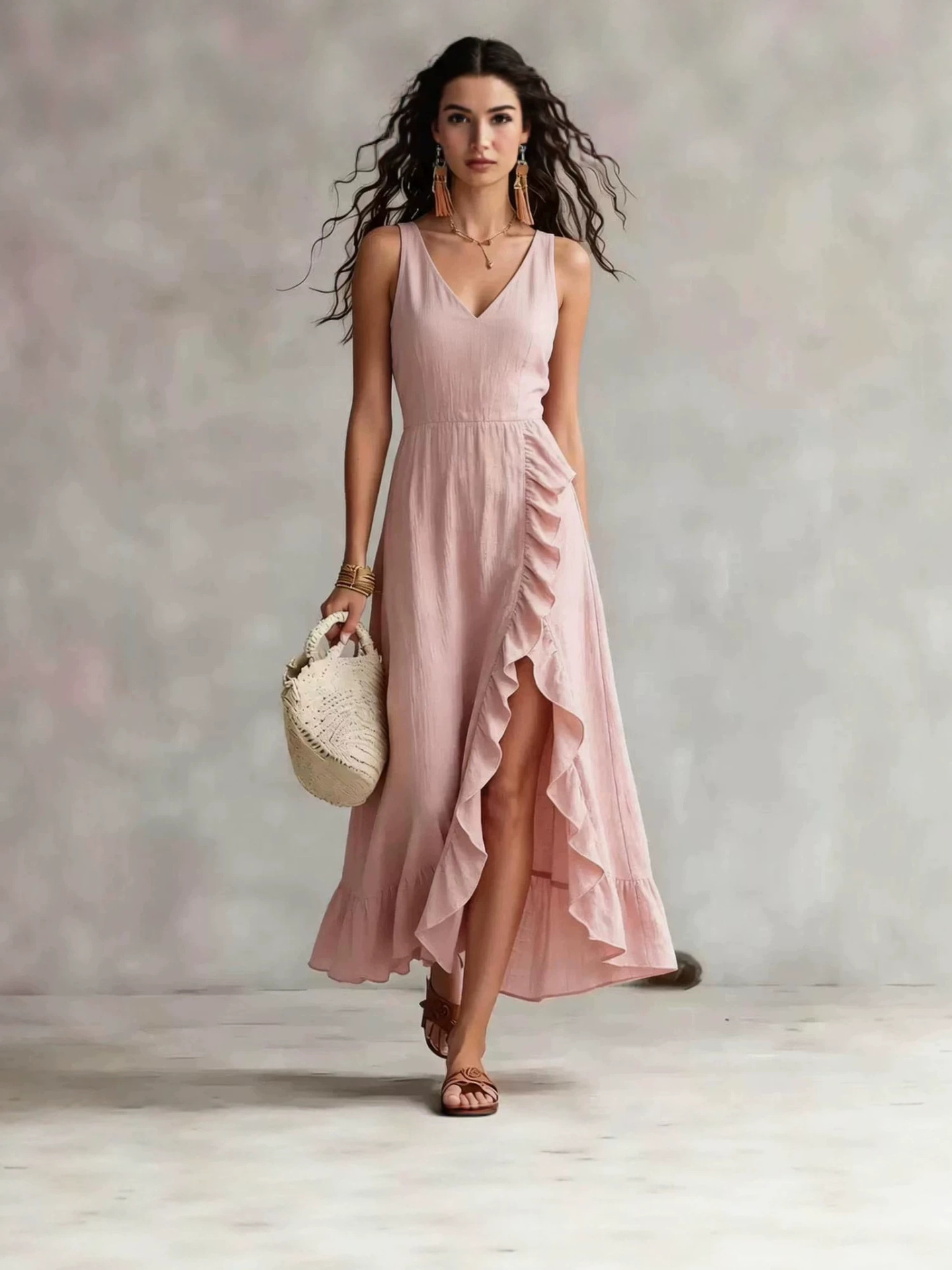 Bohemian V-Neck Sleeveless Ruffle Slit Maxi Dress