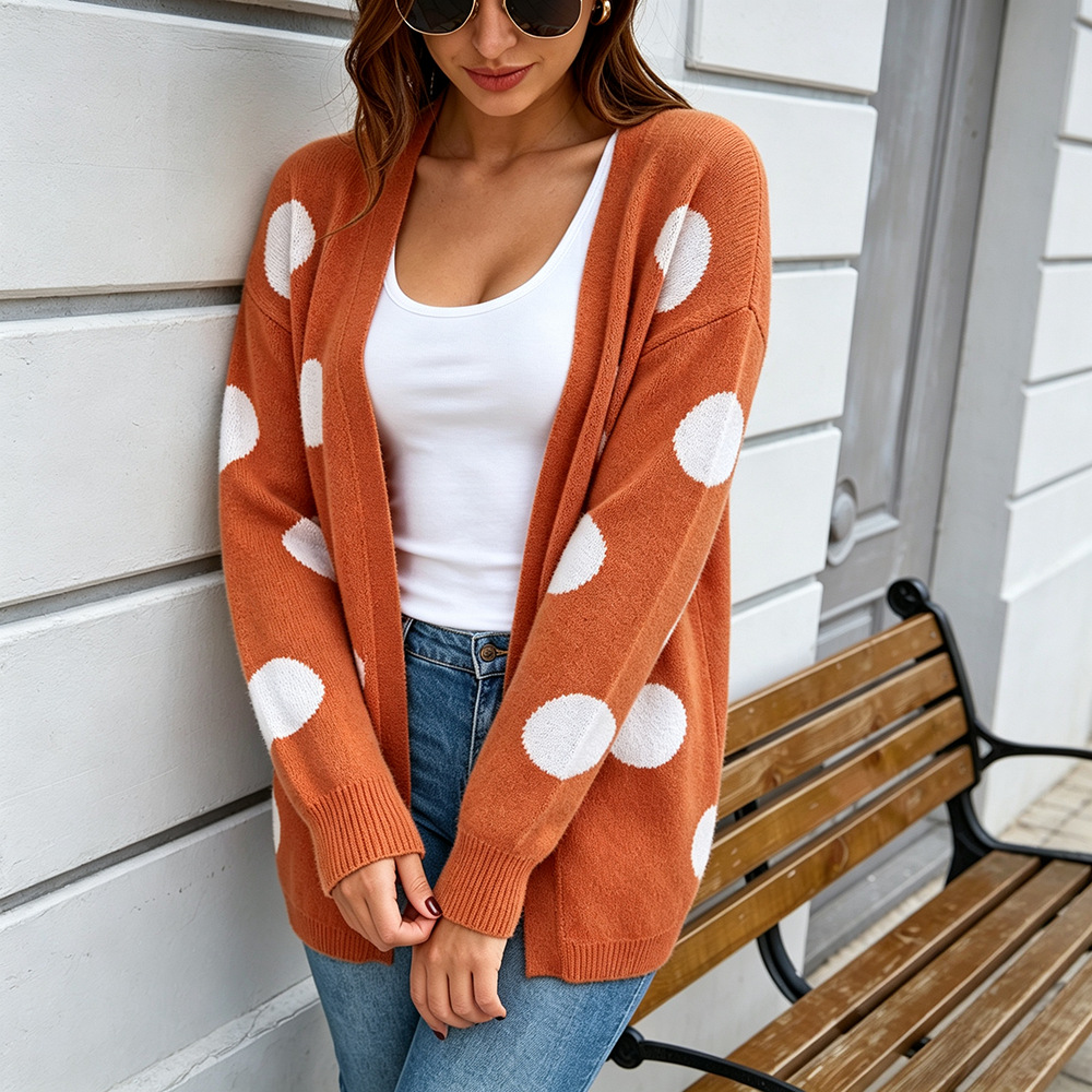 Polka Dot Knit Cardigan Long Sleeve Plus Size Women's Open Front Sweater