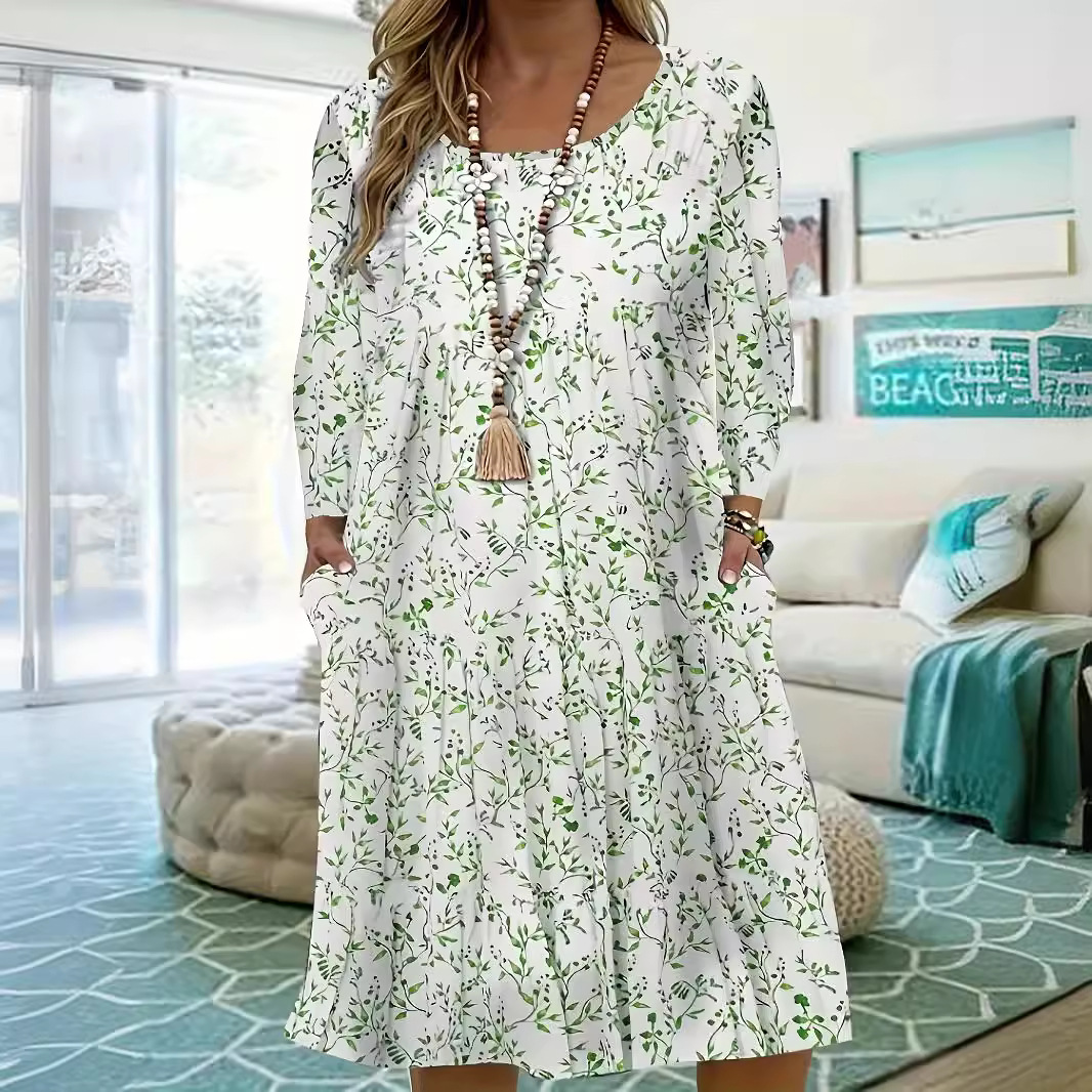 Women's Loose Round Neck Pleated Dress Sweet Fresh Floral Print