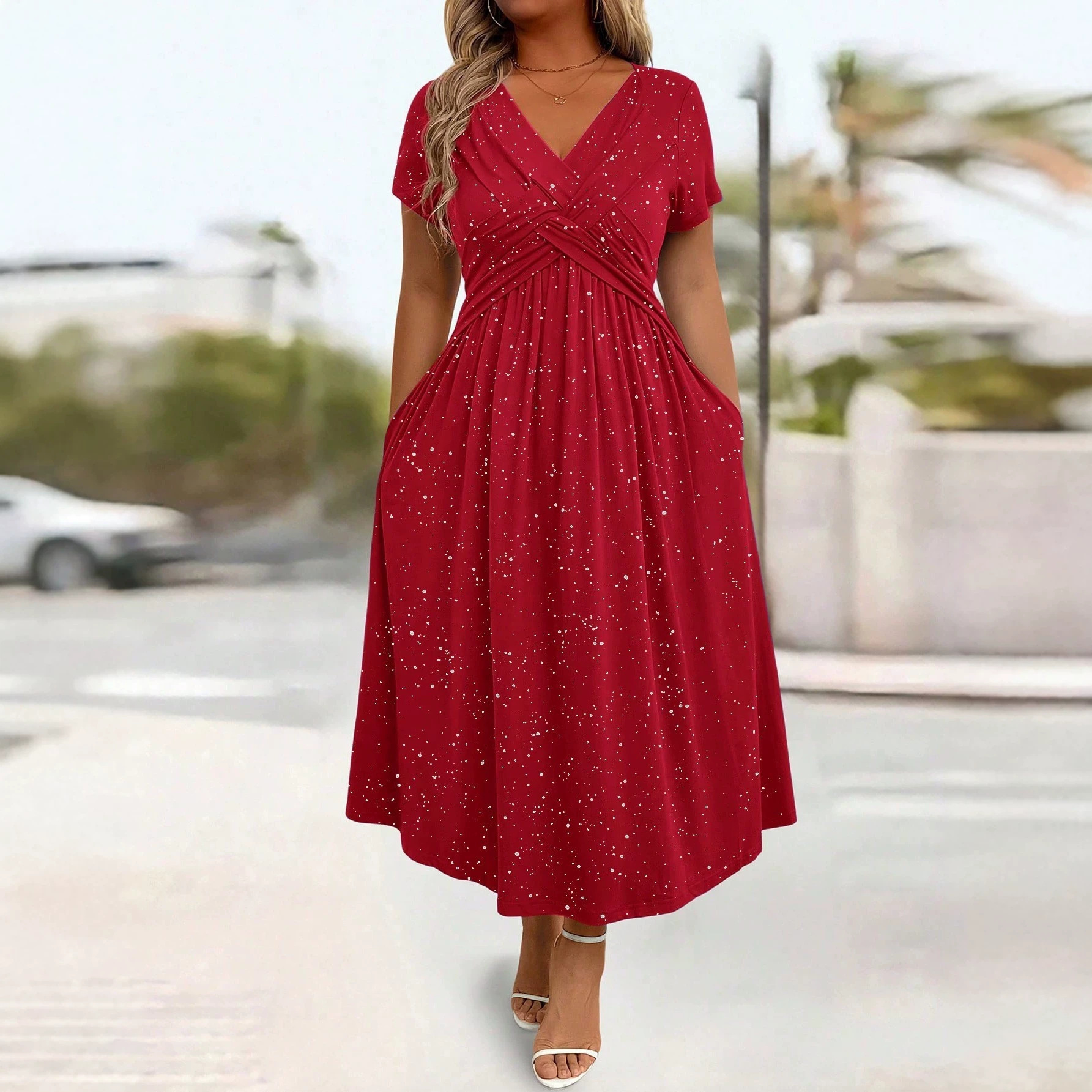 Sparkling V-Neck Short Sleeve Fitted Midi Dress