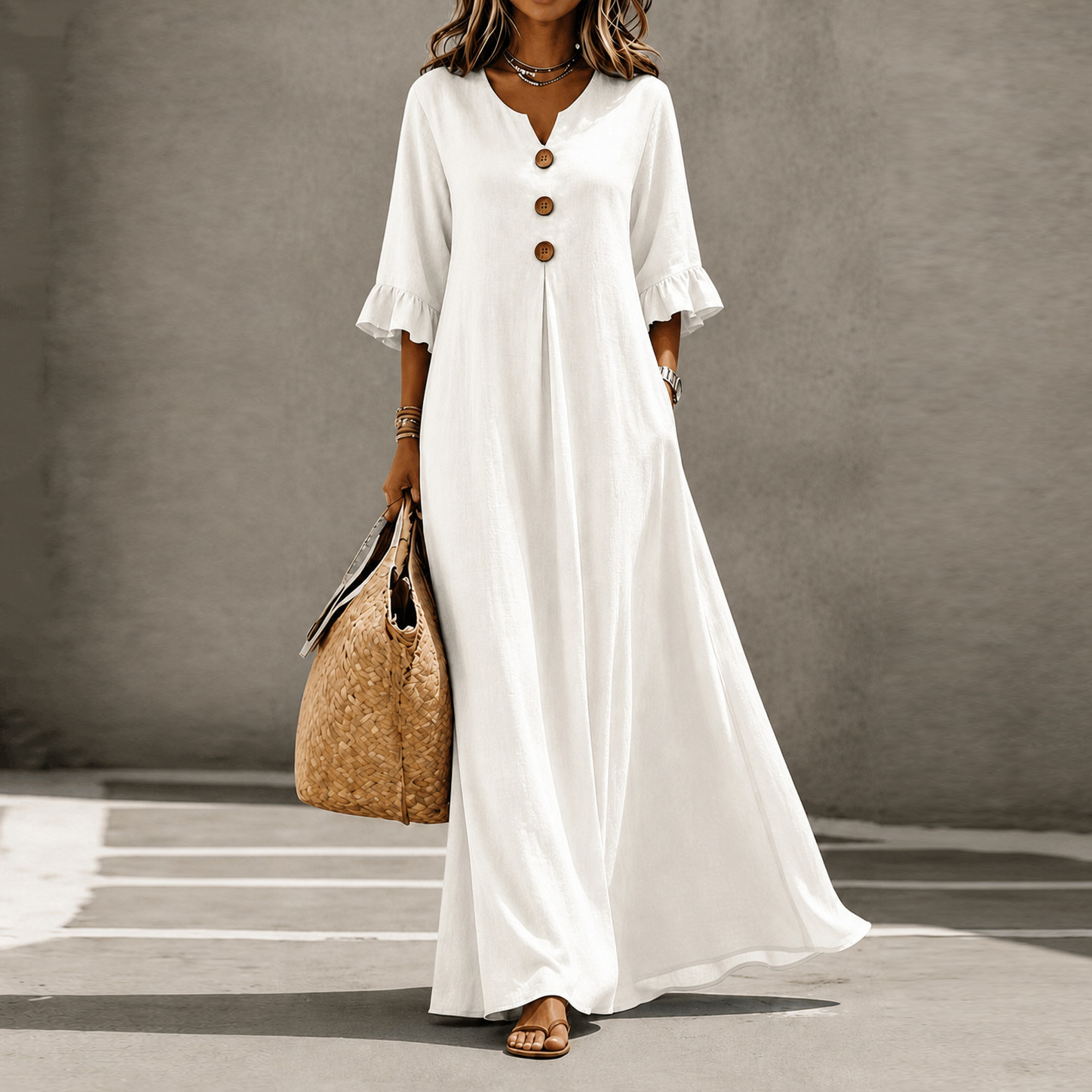 V-Neck Button Bubble Sleeve Loose Long Dress