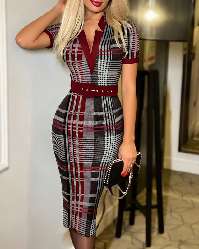 Plaid V-Neck Bodycon Long Sleeve Dress with Belt