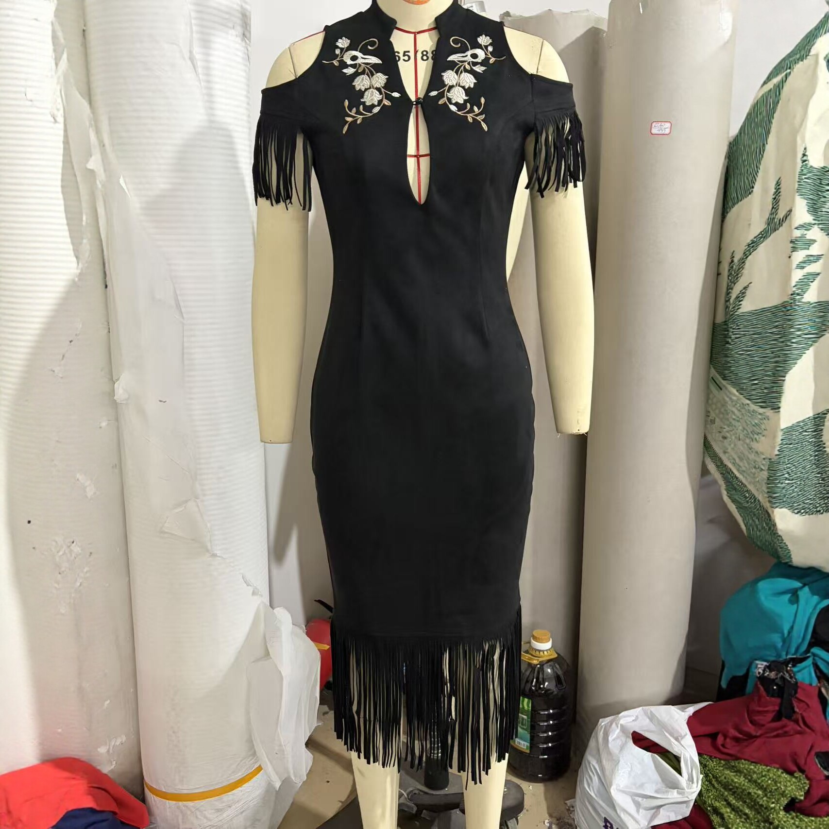 Black Embroidered Fringe Bodycon Dress Off-Shoulder High-Waist