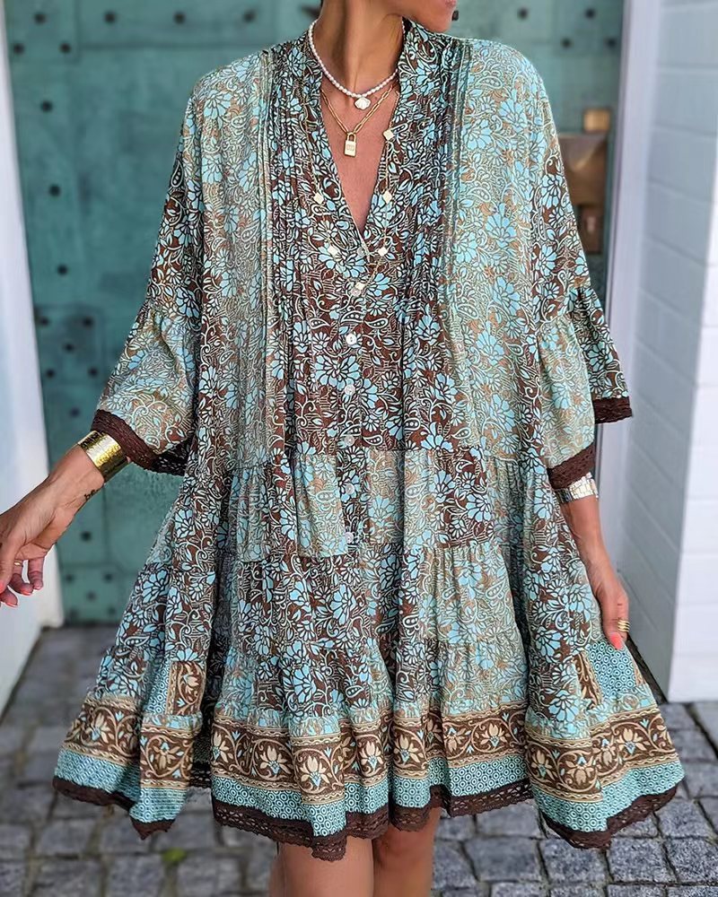 Women's Floral Print V-Neck Bell Sleeve Midi Dress