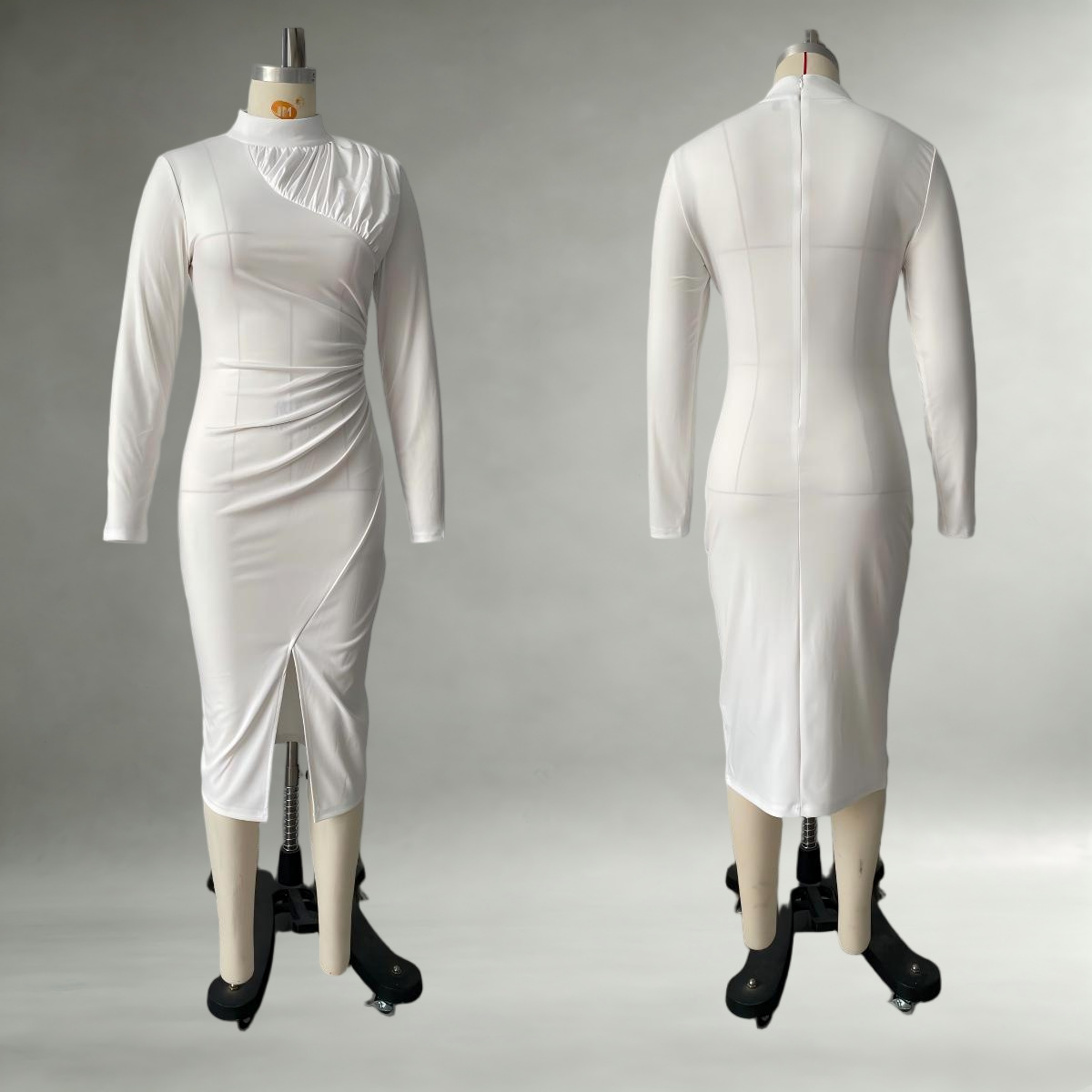 High Neck Ruched Long Sleeve Bodycon Midi Dress with Slit