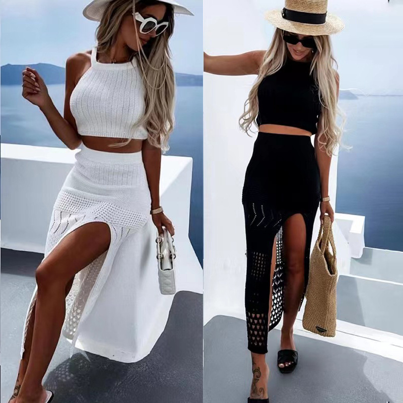 Sleeveless Knit Crop Top and Slit Maxi Skirt Two-Piece Beach Set