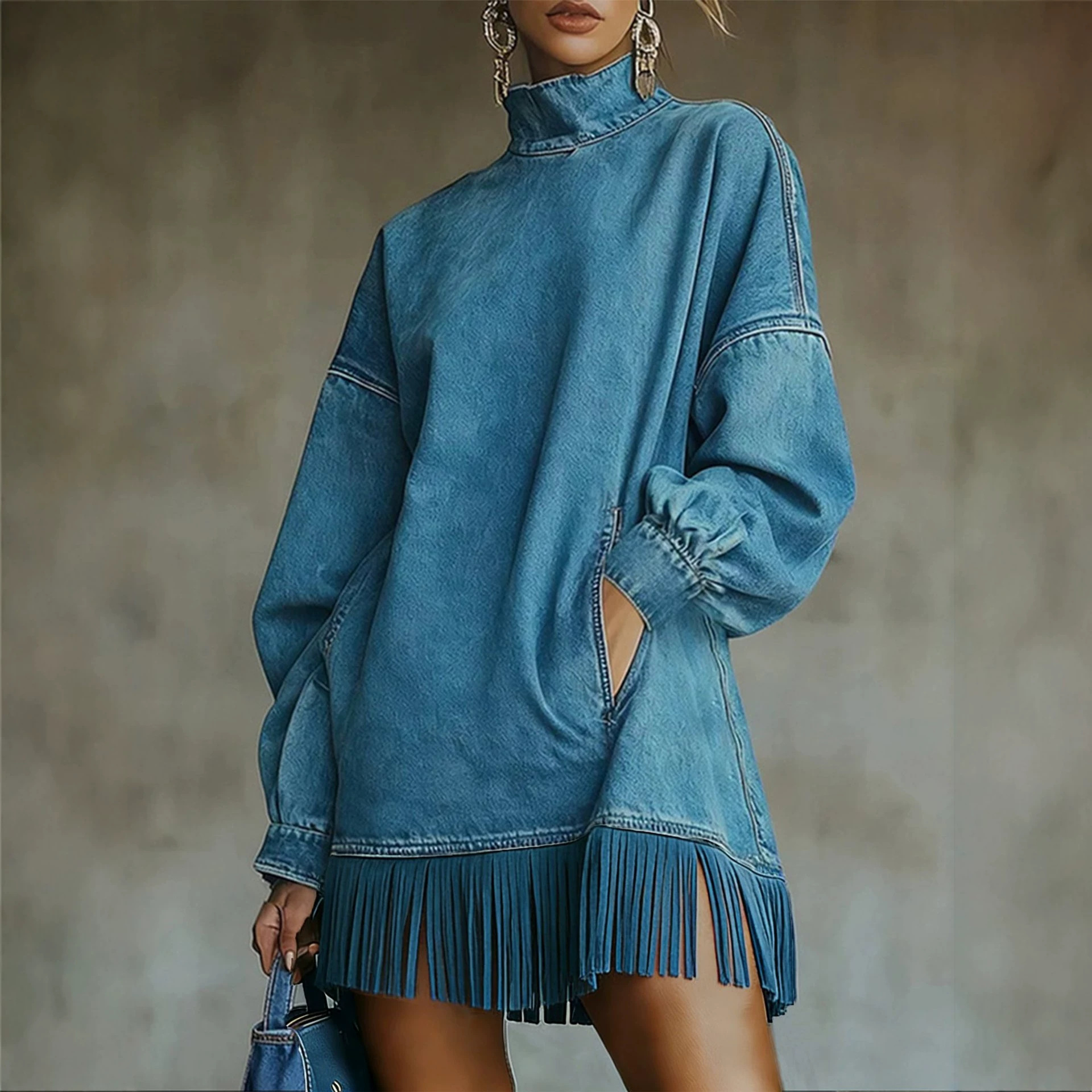 High Neck Faux Suede Tassel Long Sleeve Dress