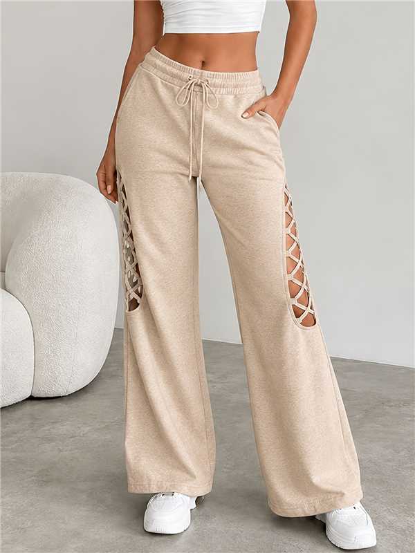 Women's Elastic Waist Wide-Leg Pants with Cutout Splicing, Loose Casual Vacation Trousers