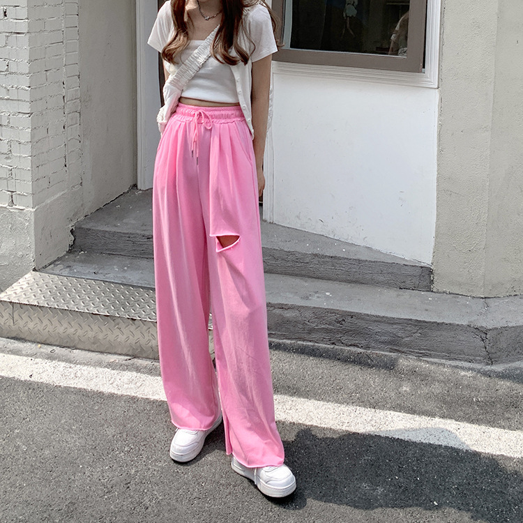Distressed Gray Wide-Leg Sweatpants for Women High Waist Straight-Leg