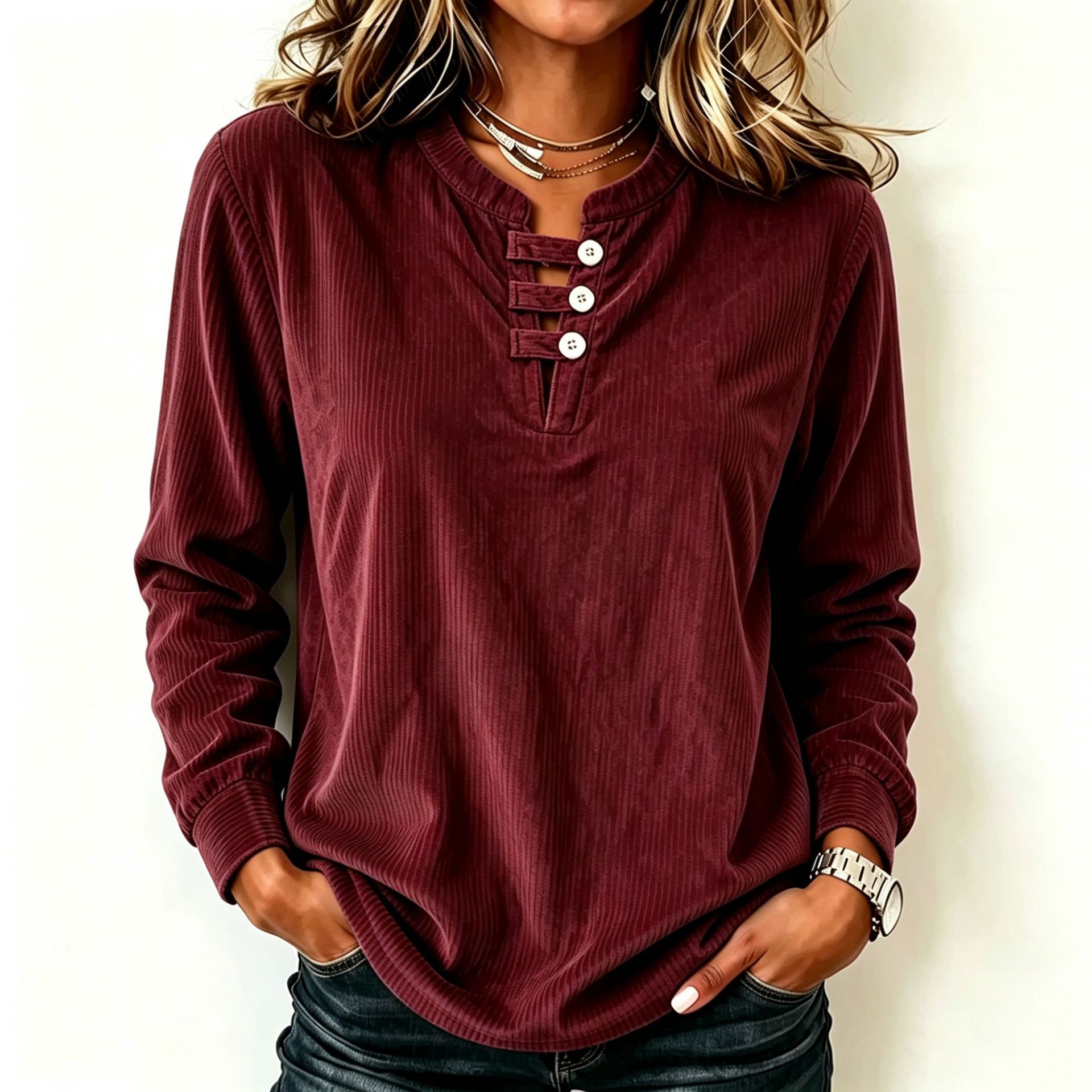 Corduroy Solid Color Loose V-Neck Button Top