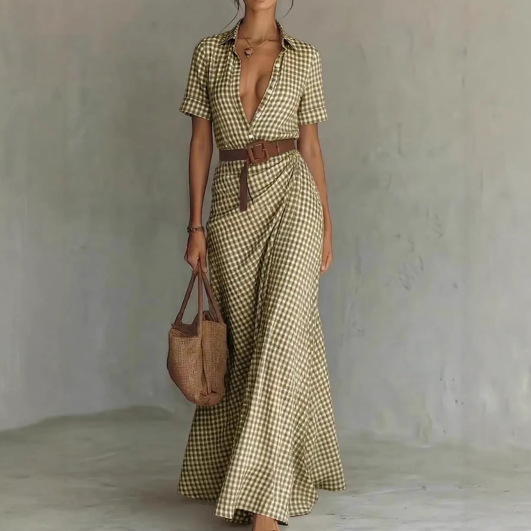 Elegant Plaid Irregular Ruffle Dress with Belt