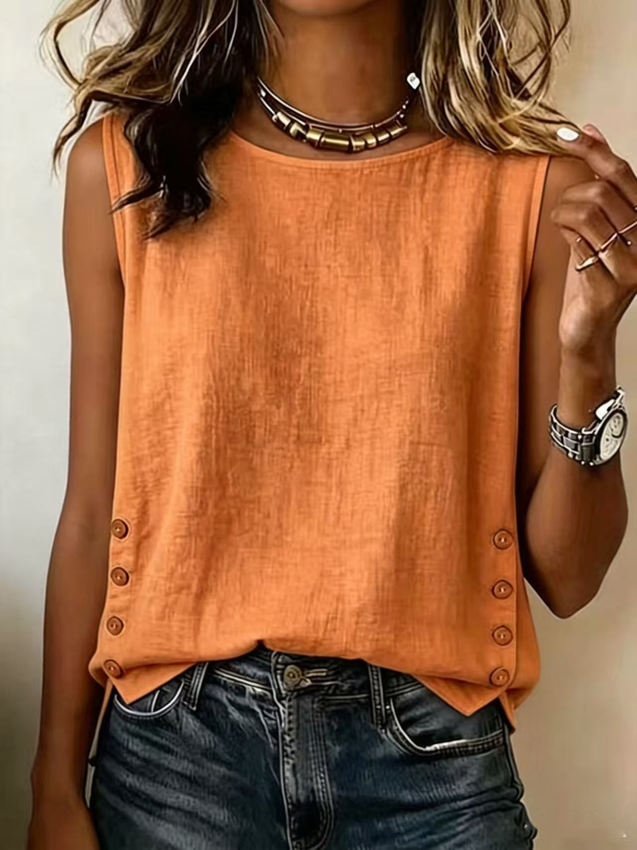 Women's Summer Round Neck Loose Button Cotton-Linen Solid Color T-Shirt