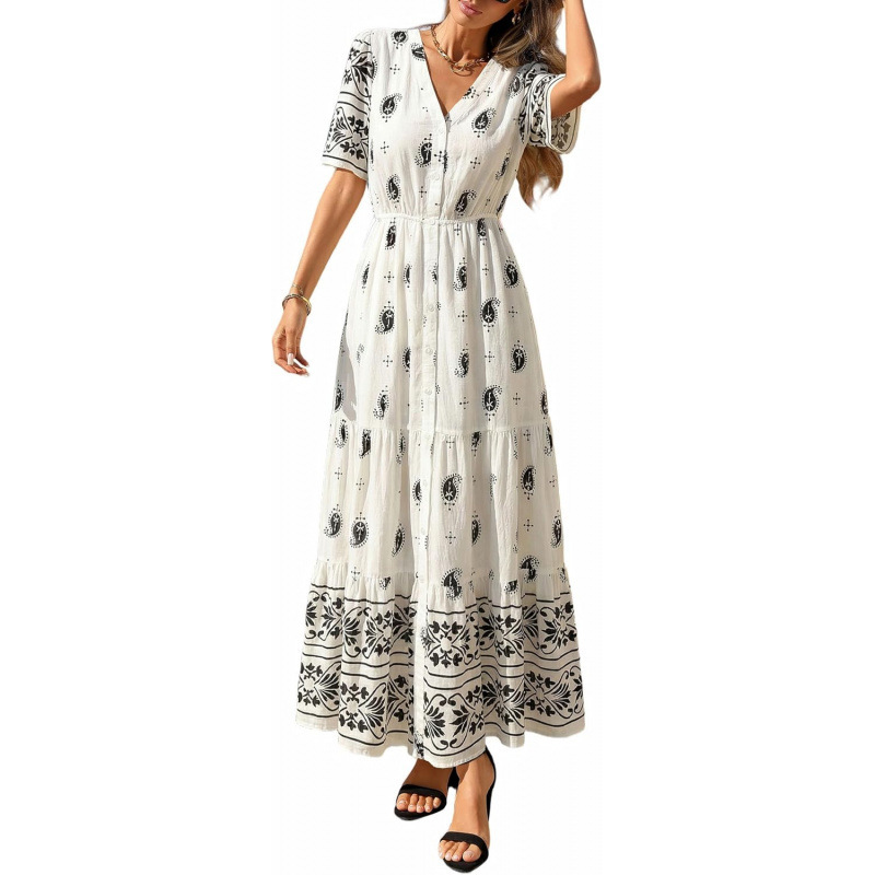 Bohemian V-Neck Short Sleeve Midi Dress Floral Print