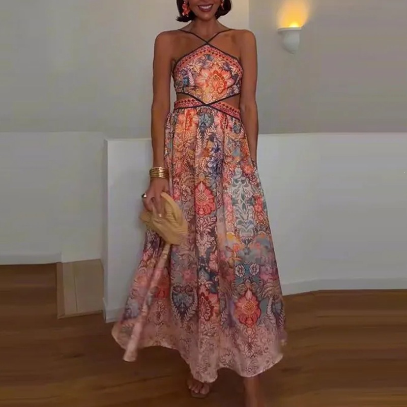 Women's Halter Neck Printed A-Line Maxi Dress
