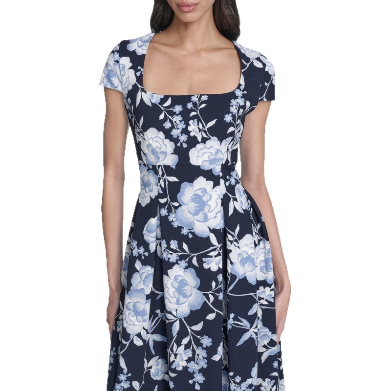 Floral Print Short Sleeve Midi Dress Square Neck A-Line