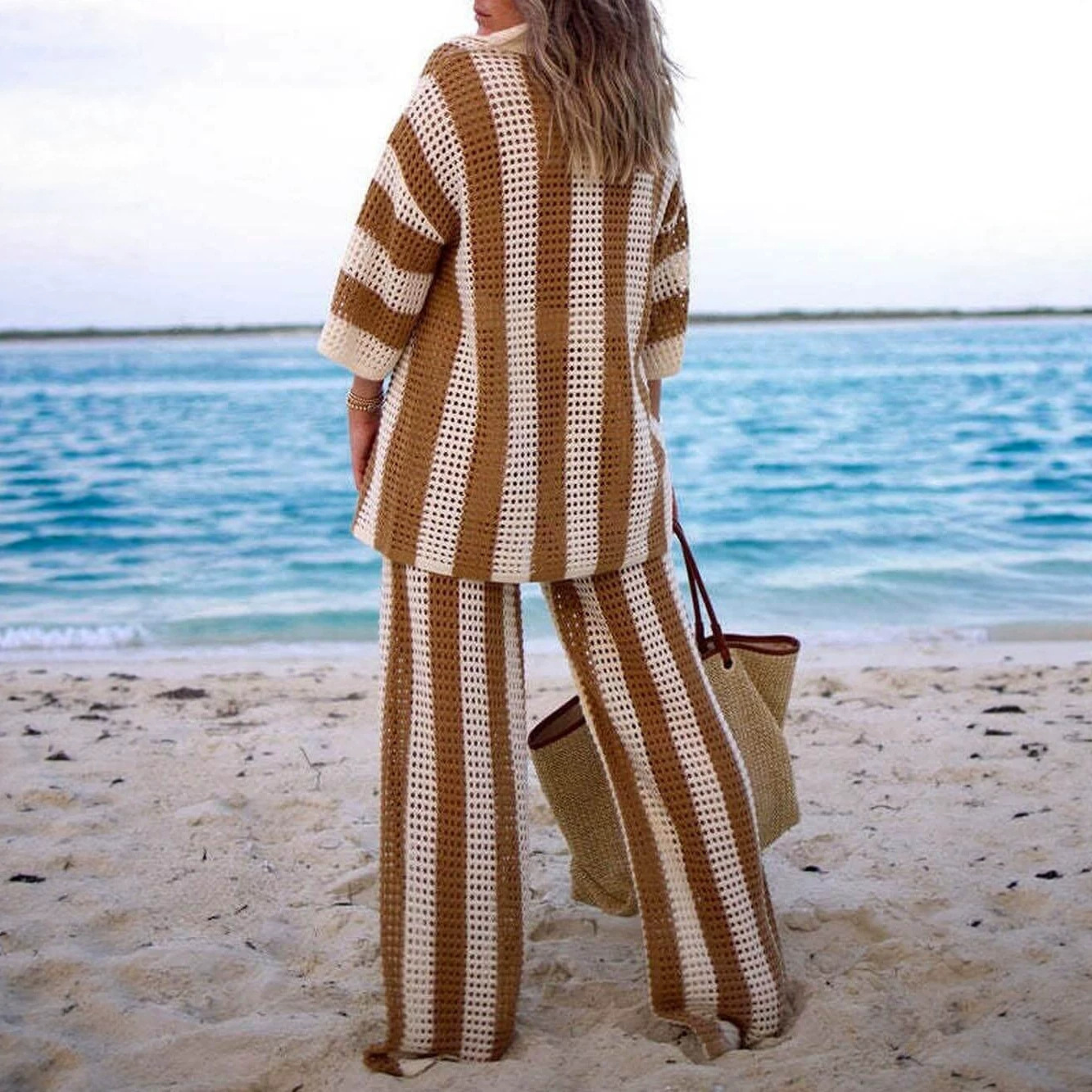 Women's Open-Knit Striped Cardigan and Pants Two-Piece Set