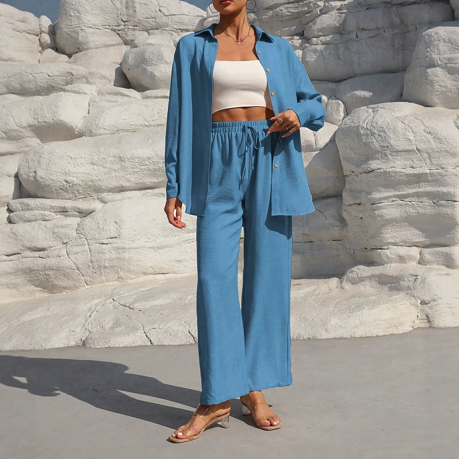 Women's Plus Size Long Sleeve Cardigan & Pants Two-Piece Set Solid Color Casual