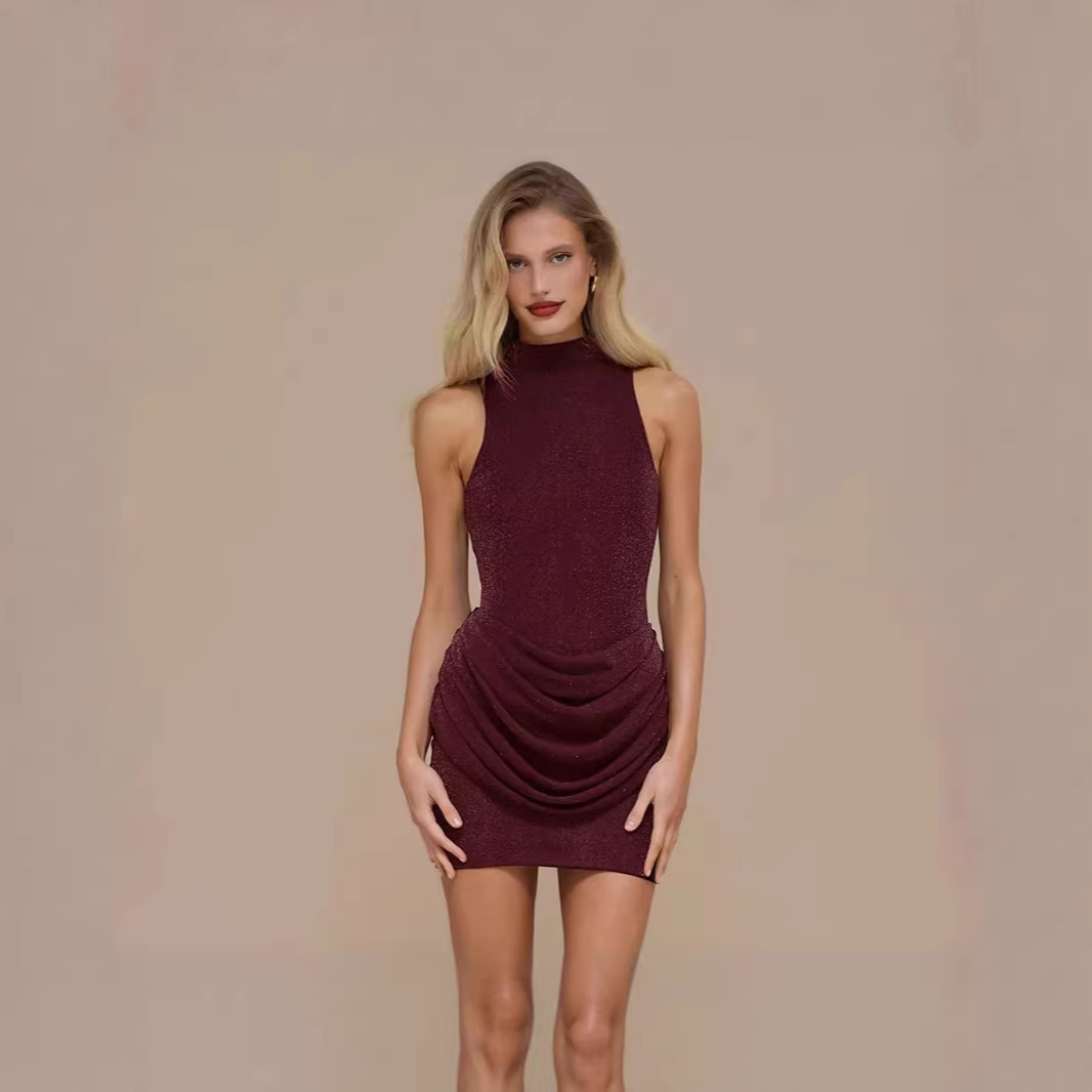 Solid Sleeveless Mock Neck Glitter Bodycon Mini Dress