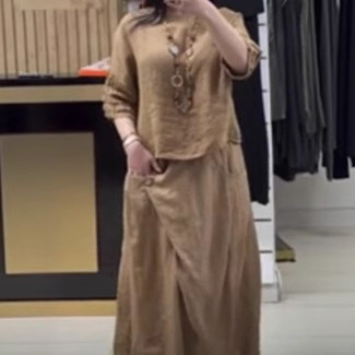 Women's Cotton-Linen Two-Piece Set Casual Solid Color Loose Long Pants