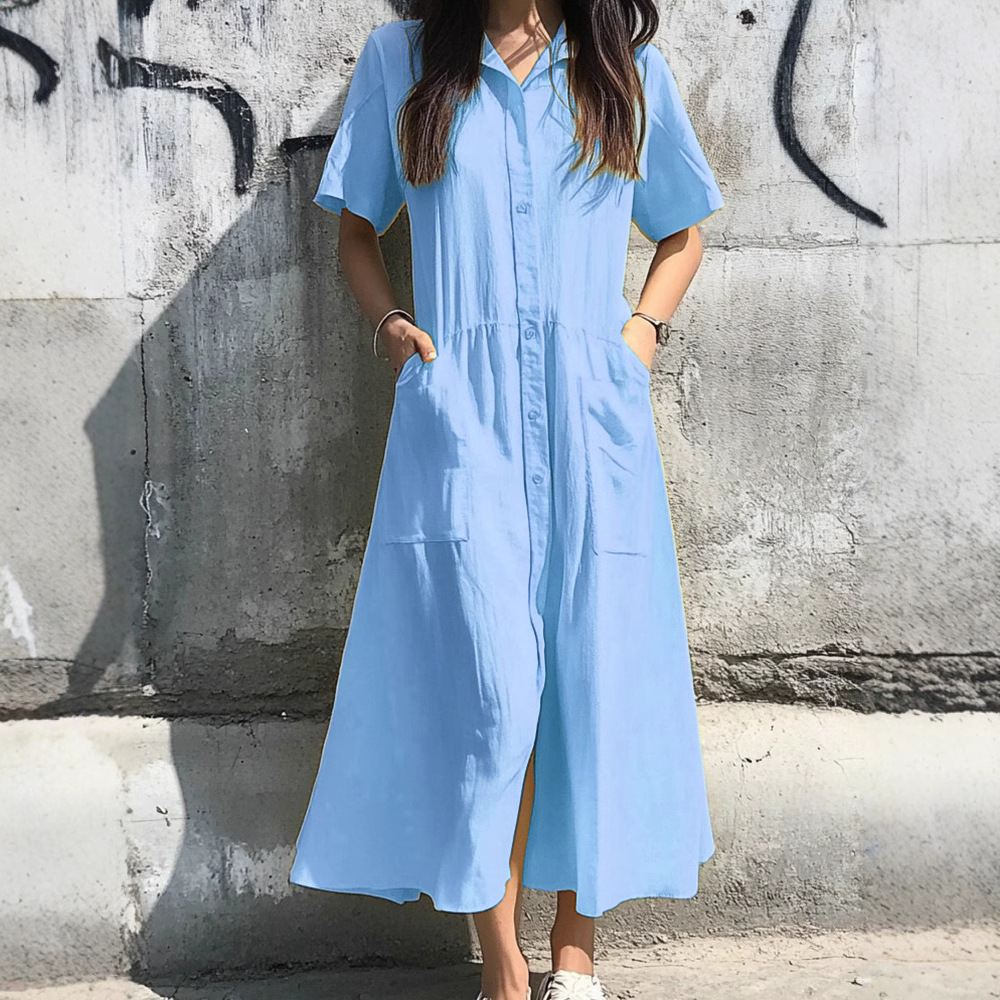 Women's Button-Front Short-Sleeve Casual Dress with Pockets
