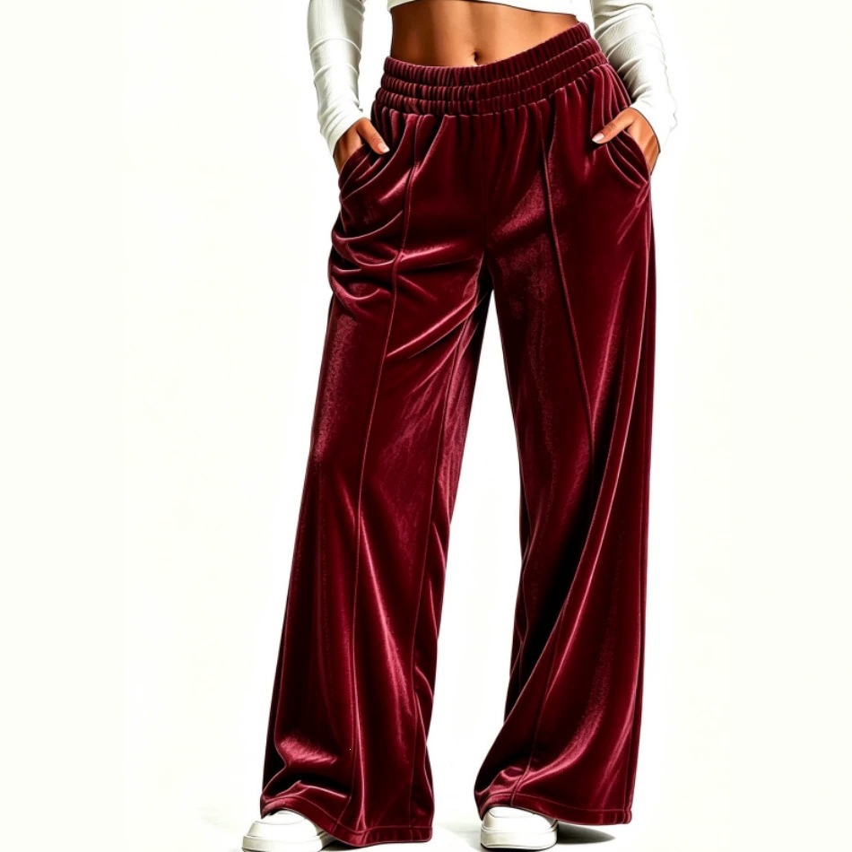 Women's Velvet Wide-Leg Pants Loose Fit Commuter Casual Drapey