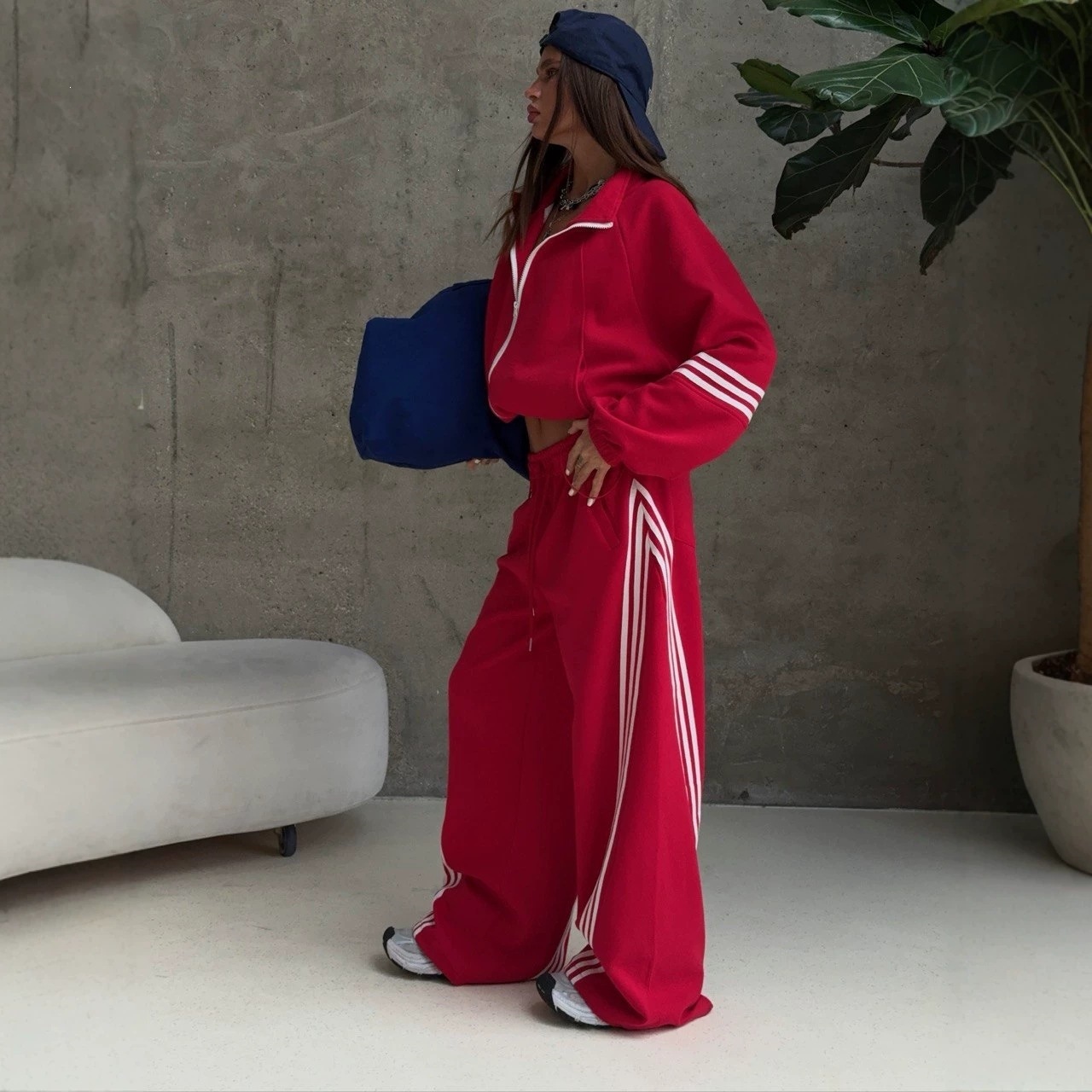 Striped Color-Block Stand-Collar Jacket & Elastic-Waist Pants Cotton-Blend Set
