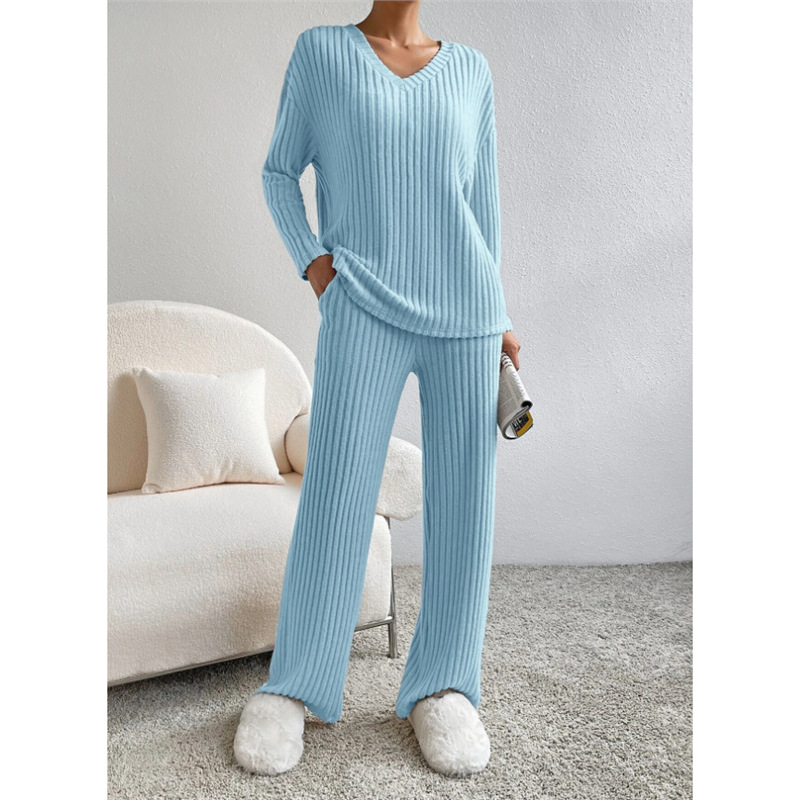 Women's Two-Piece V-Neck Knit Top and Straight-Leg Pants Set