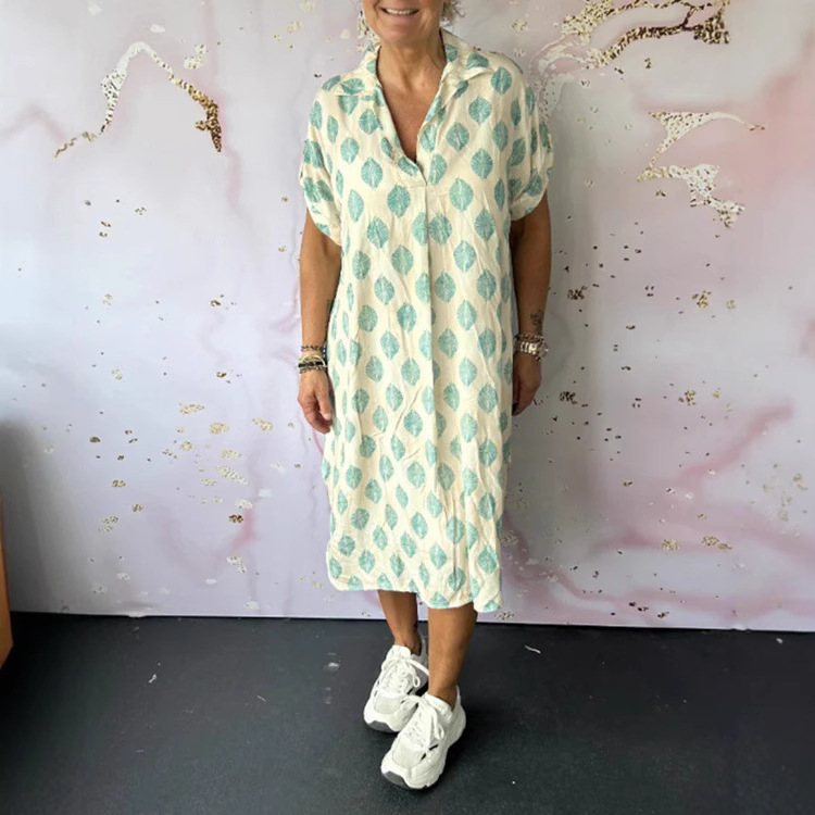 Women's Loose Fit Printed V-Neck Short Sleeve Midi Dress