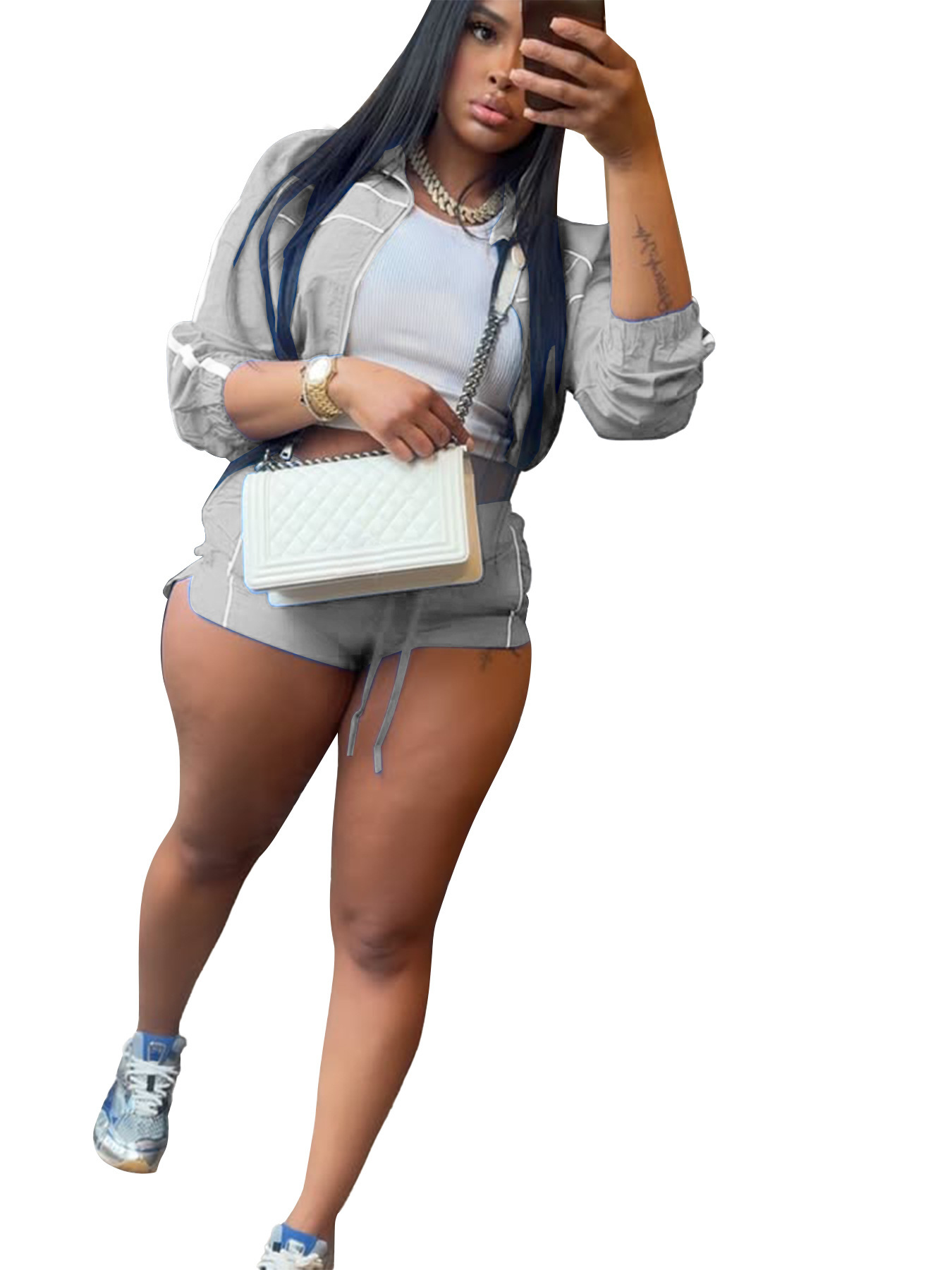 Women's Sexy Long Sleeve Zip Colorblock Ribbon Shorts Two-Piece Set