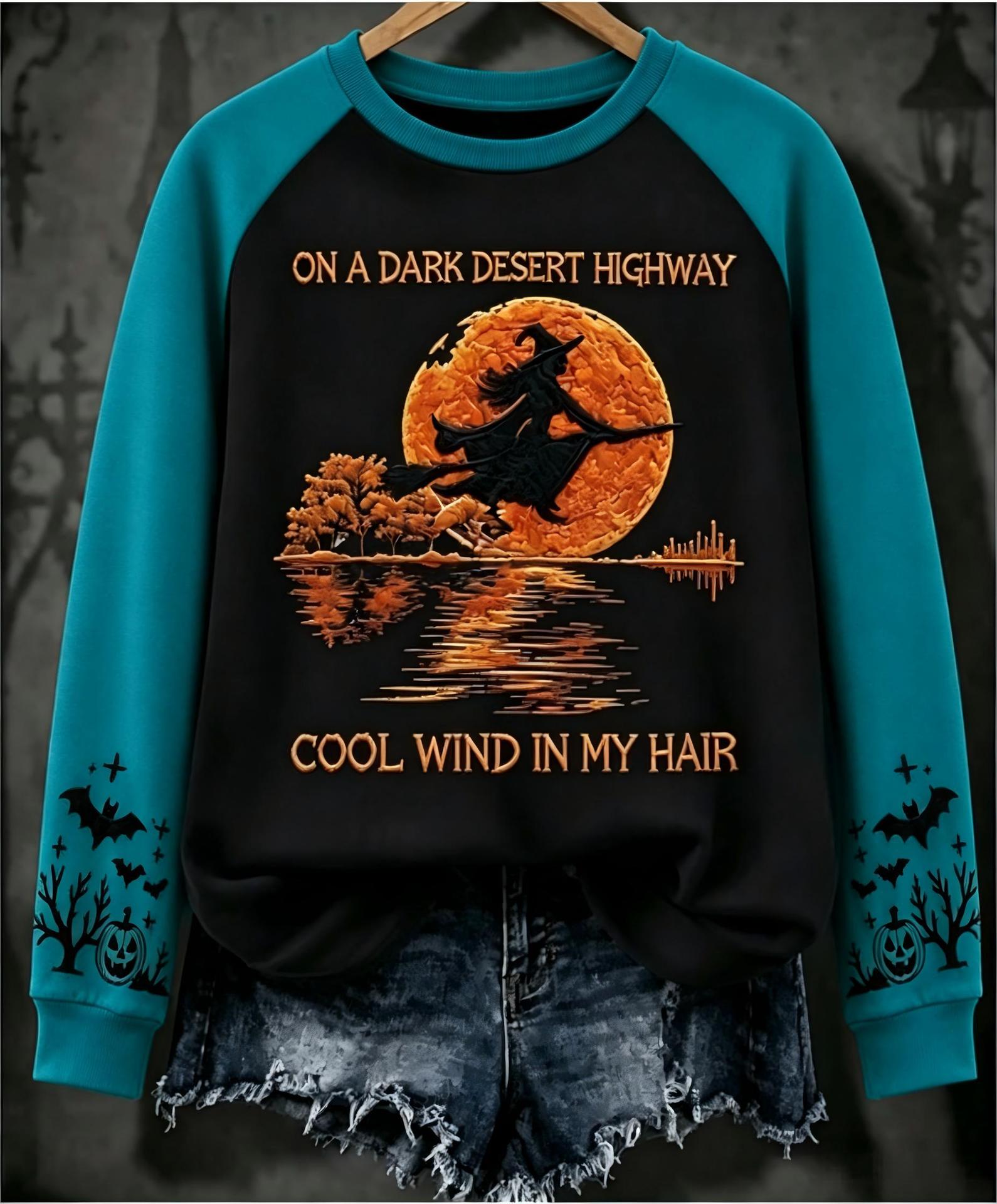 Halloween Witch Print Crewneck Long-Sleeve Pullover Sweatshirt