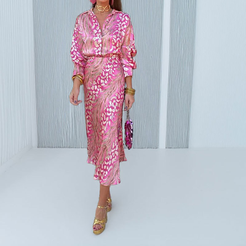 Elegant Printed High-Waist Two-Piece Skirt Set with Collared Top