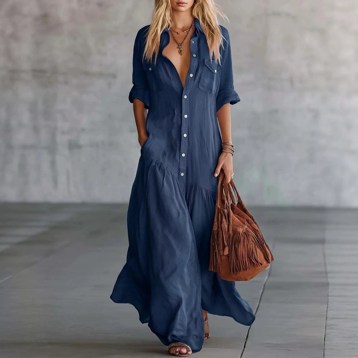 Women's Button-Detail Patchwork Shirt Dress Long A-Line Summer