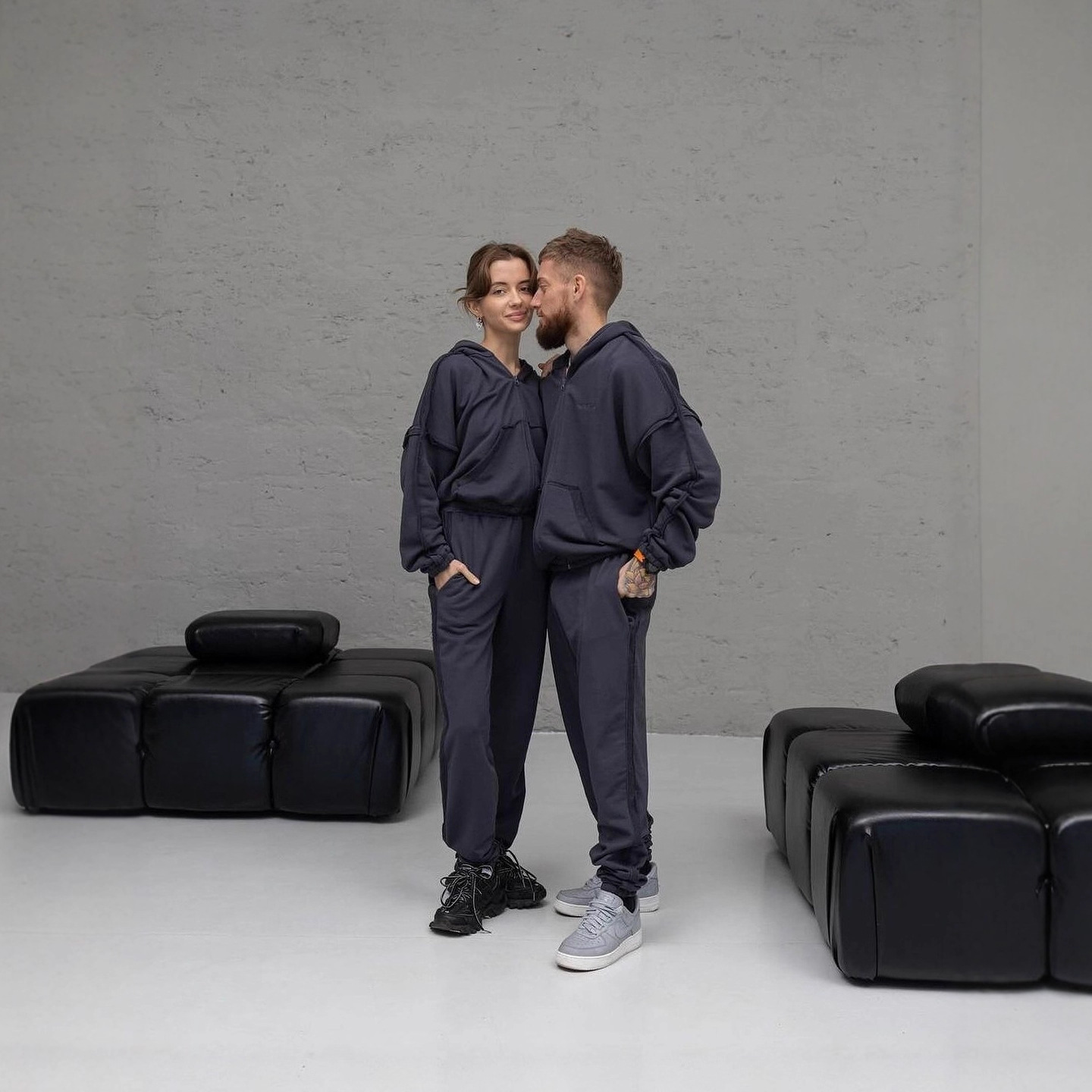 Solid Color Hooded Sweatshirt and Pants Set for Couples
