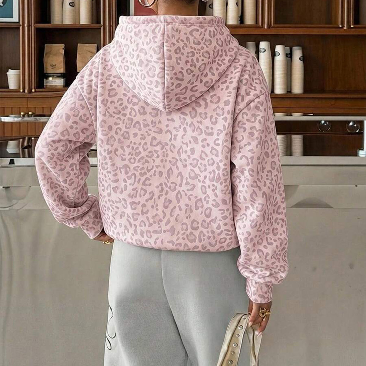 Women's Leopard Print Hooded Sweatshirt Casual Long Sleeve Pullover
