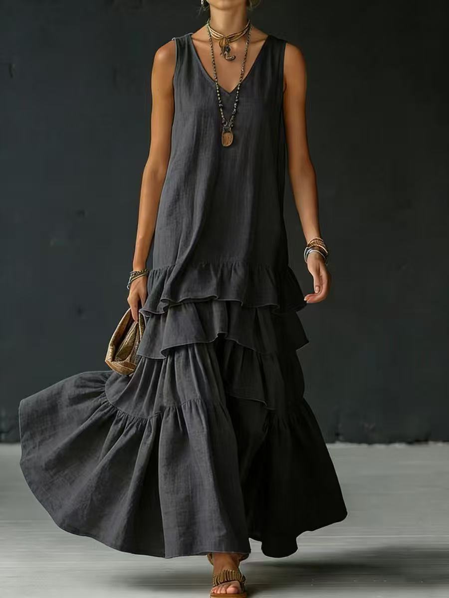 Solid Color Loose Fit Sleeveless Maxi Dress with Full Skirt
