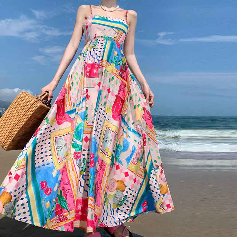 Elegant Long Floral Cami Dress Vacation Style
