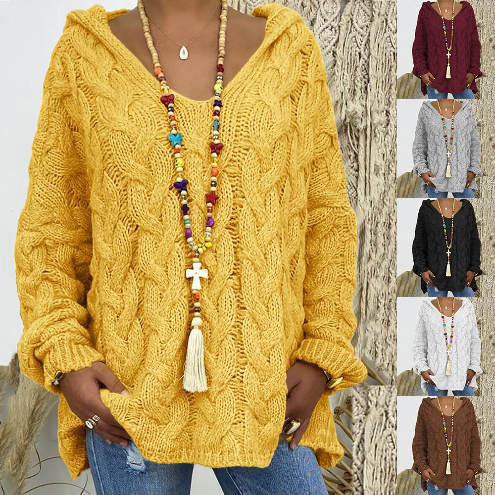 Women's Cable Knit V-Neck Hooded Pullover Sweater