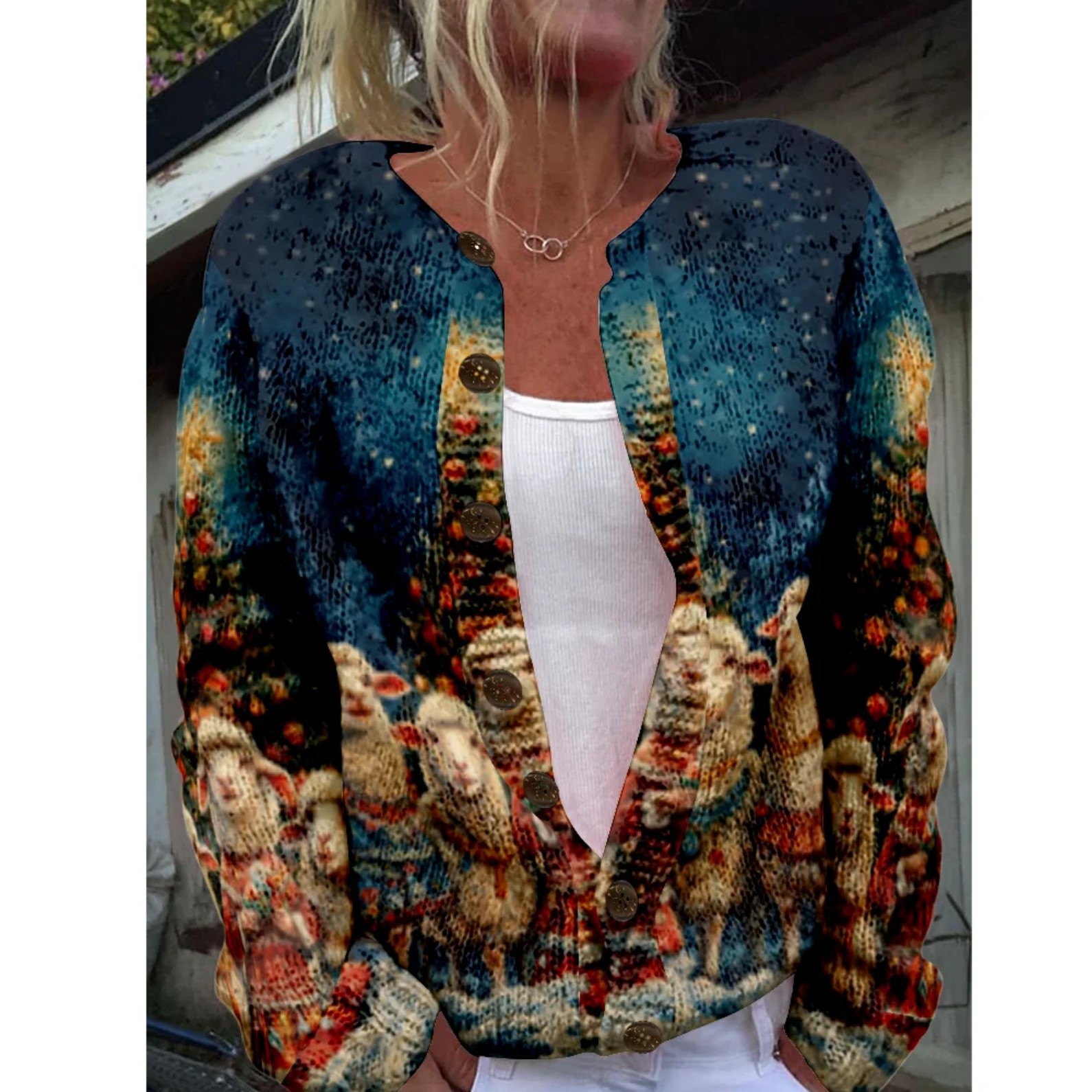 Women's Christmas Santa Print Button Cardigan Sweater