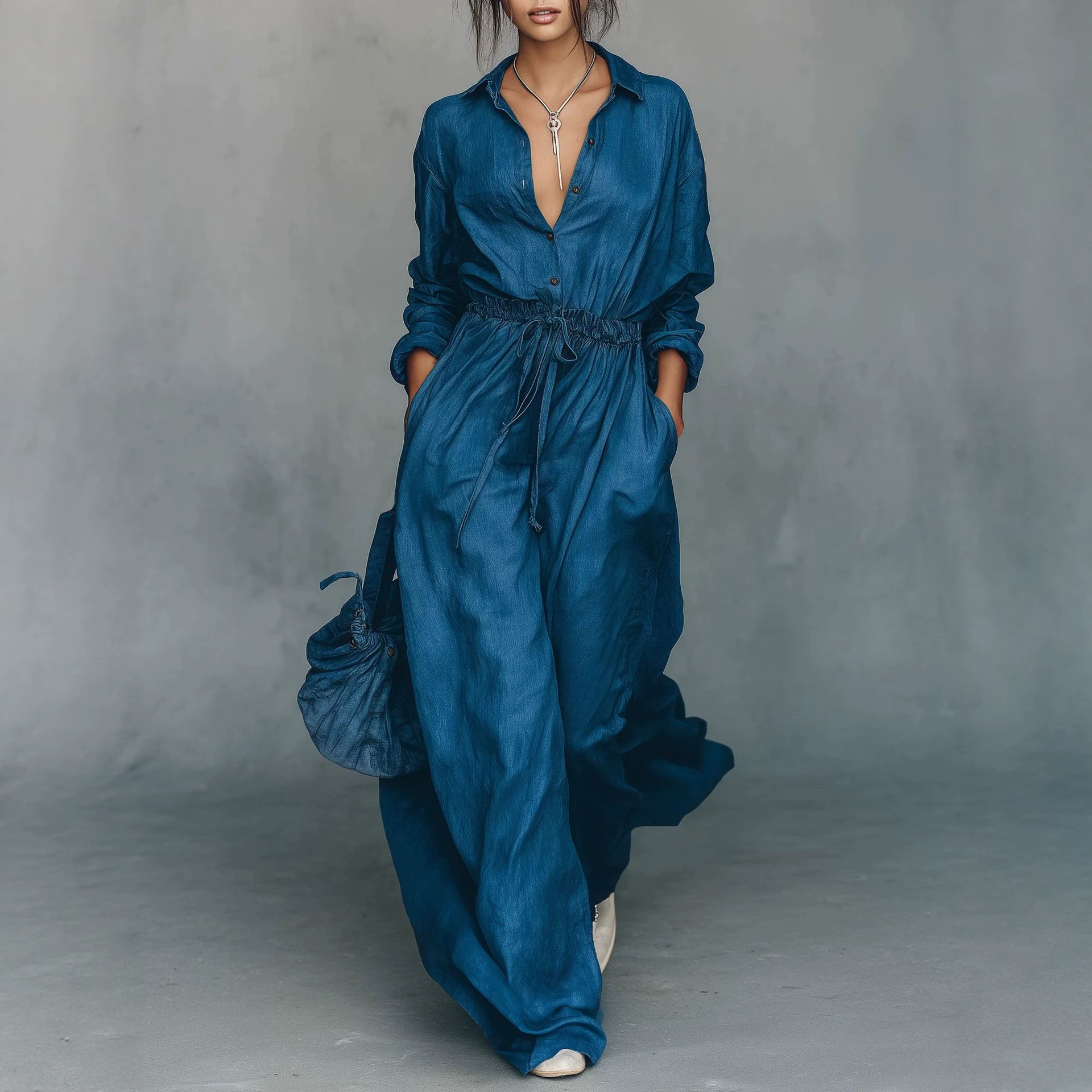 Minimalist Long-Sleeve Tie-Waist Two-Piece Set
