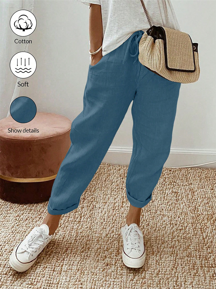 Women's Cotton Linen Cropped Pants with Pockets and Elastic Waist, Loose Casual