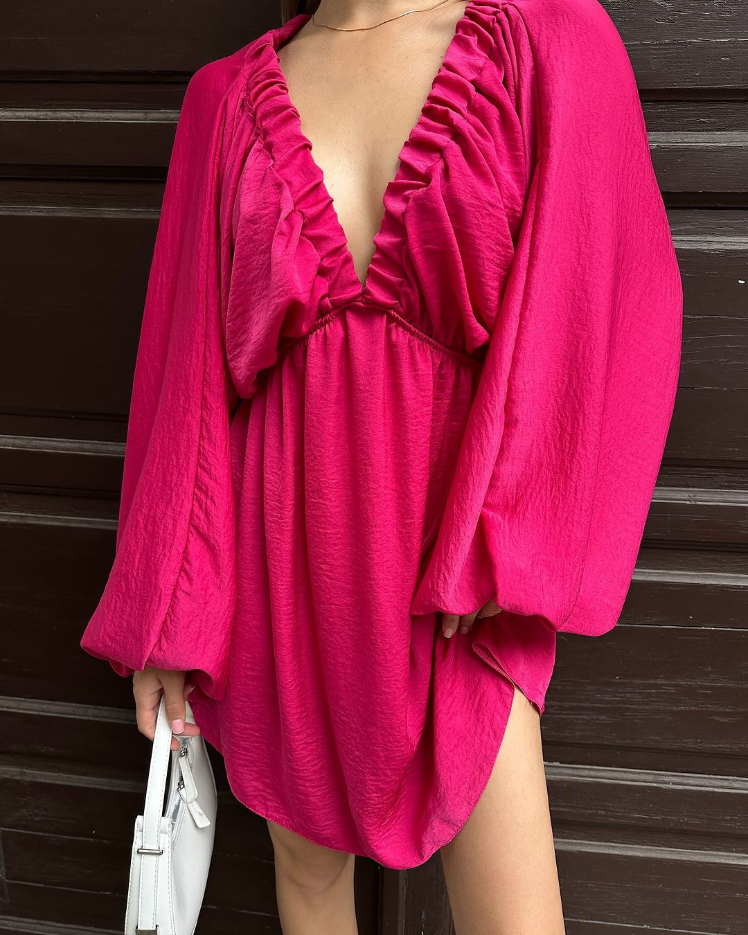 V-Neck Long Sleeve Bubble Sleeve Flared Dress