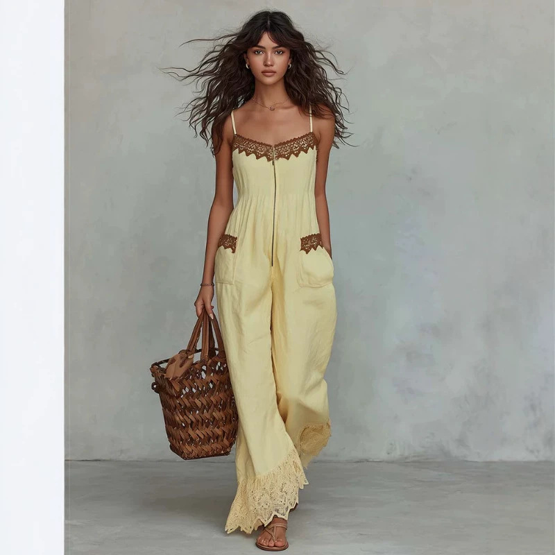 Women's Lace Trim Cotton Linen Wide Leg Jumpsuit with Front Zip