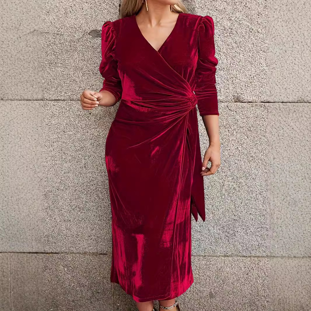 V-Neck Long Sleeve Solid Color Bodycon Dress